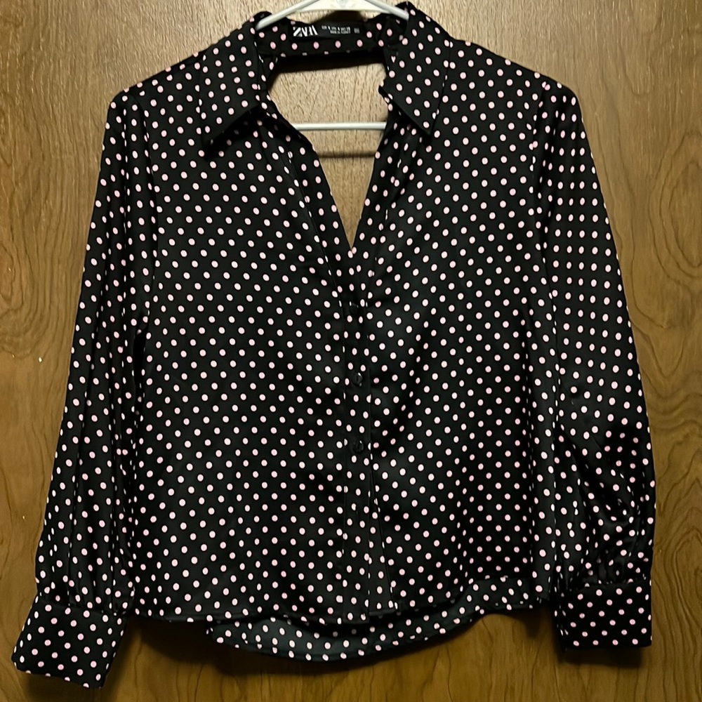 Zara black and pink polka dot blouse with cut out back size S